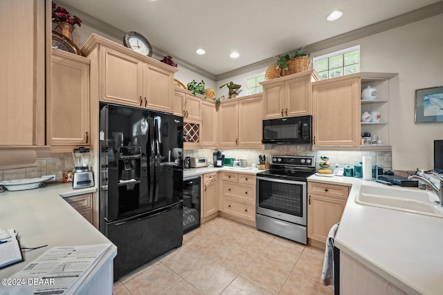 kitchen with black appliances, light tile patterned floors, sink, light brown cabinetry, and wine cooler