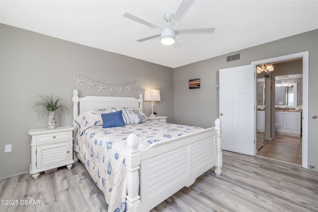 3606 S Peninsula Dr Unit 406, Port Orange, FL 32127 - bedroom with light wood finished floors, ceiling fan, and connected bathroom
