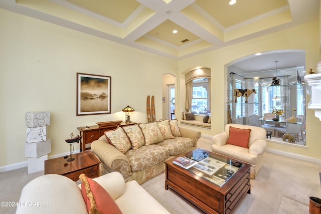 carpeted living room featuring ornamental molding, beamed ceiling, and coffered ceiling