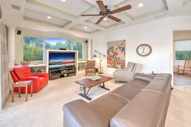 living room with beamed ceiling, ceiling fan, ornate columns, and coffered ceiling