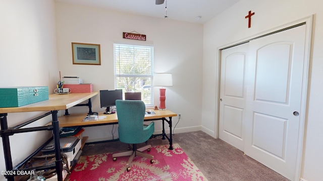 office space with carpet and ceiling fan