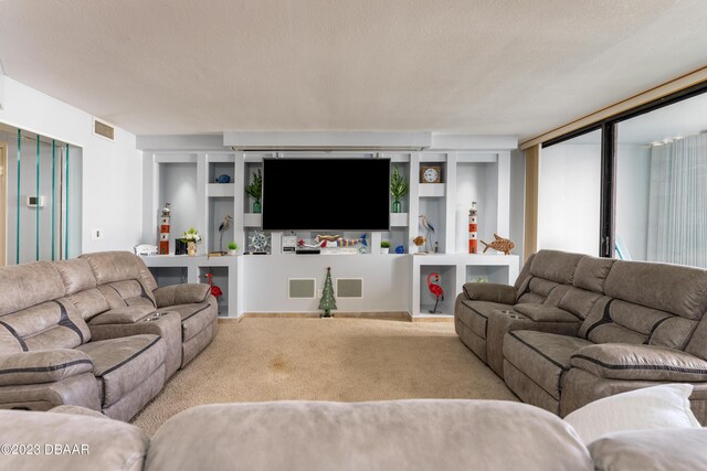 carpeted living room with a textured ceiling