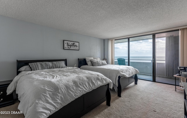 bedroom with a water view, a textured ceiling, carpet, and access to outside