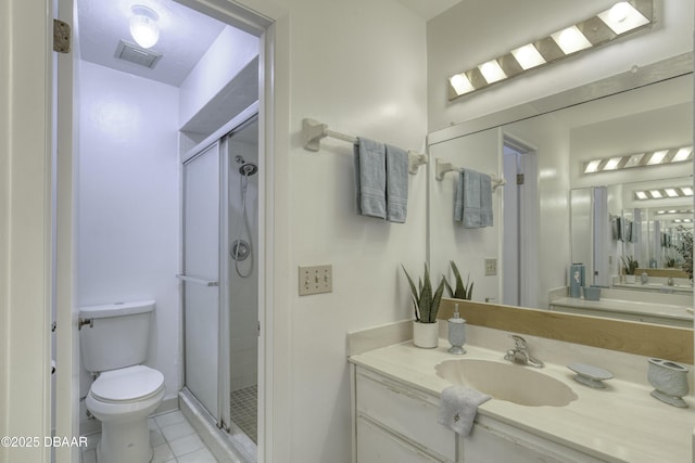 bathroom featuring tile patterned floors, toilet, a shower stall, and vanity