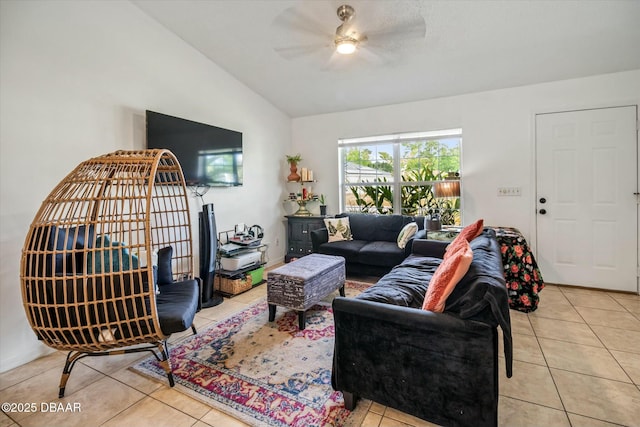 16 Powder Hill Ln, Palm Coast, FL 32164 - living area featuring vaulted ceiling, a ceiling fan, and tile patterned floors
