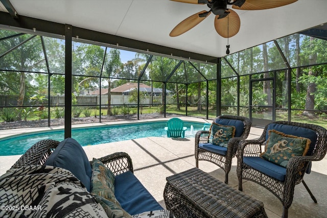 16 Powder Hill Ln, Palm Coast, FL 32164 - pool featuring glass enclosure, a fenced backyard, ceiling fan, an outdoor hangout area, and a patio
