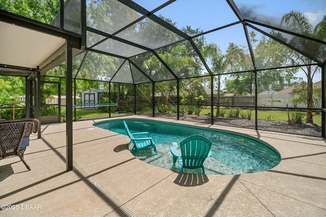 16 Powder Hill Ln, Palm Coast, FL 32164 - view of swimming pool featuring a storage unit, a fenced in pool, a fenced backyard, and a patio