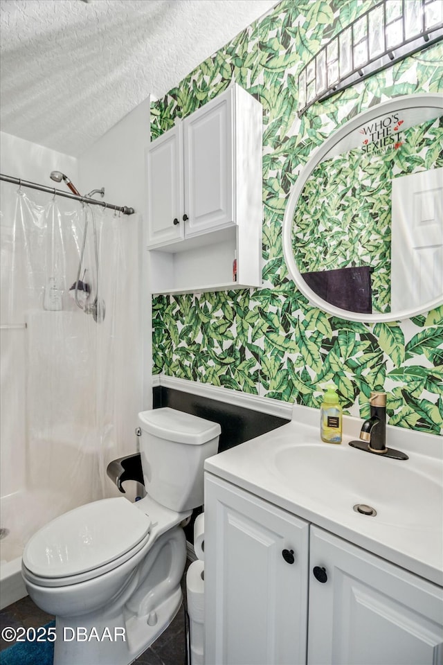 16 Powder Hill Ln, Palm Coast, FL 32164 - bathroom with wallpapered walls, a shower stall, toilet, vanity, and a textured ceiling
