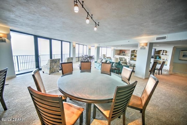 dining room featuring light carpet and a textured ceiling