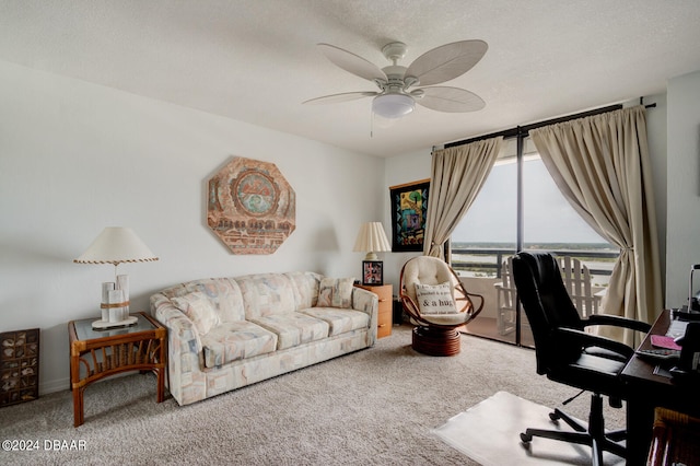 office space featuring carpet flooring, a textured ceiling, and ceiling fan