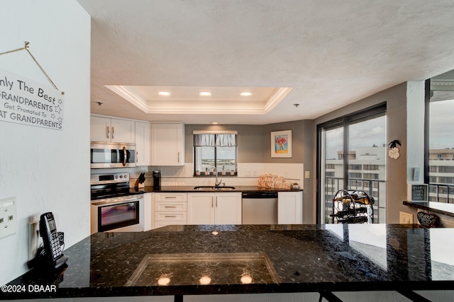 kitchen with white cabinetry, appliances with stainless steel finishes, a raised ceiling, and dark stone countertops