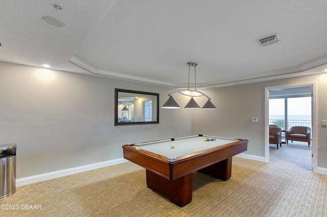 2300 N Atlantic Ave Unit 303, Daytona Beach, FL 32118 - rec room with pool table, a textured ceiling, light colored carpet, visible vents, and baseboards
