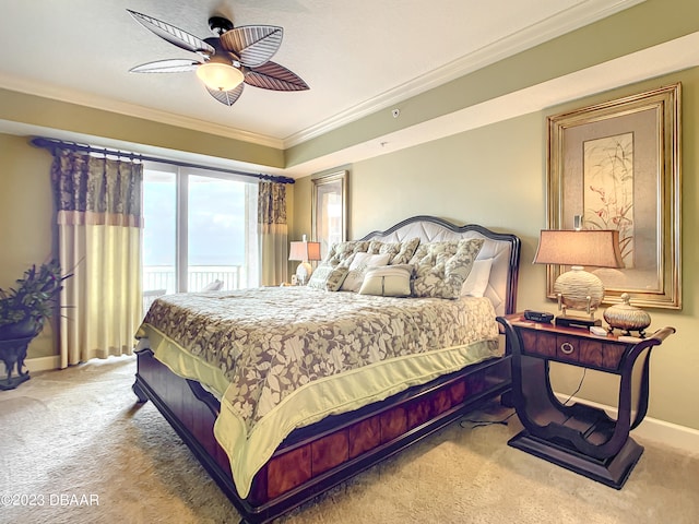 bedroom featuring light carpet, ceiling fan, and crown molding