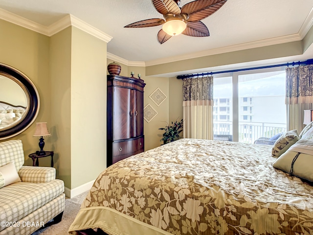 bedroom featuring ornamental molding, carpet, and ceiling fan