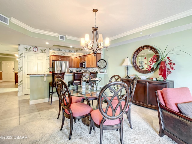 tiled dining space featuring ornamental molding and an inviting chandelier