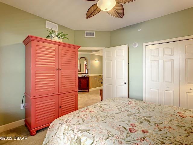 bedroom with ceiling fan and a closet