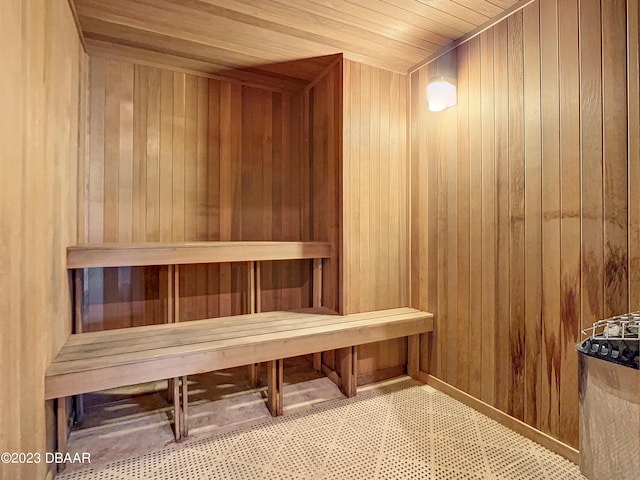 view of sauna / steam room featuring wood walls and wooden ceiling