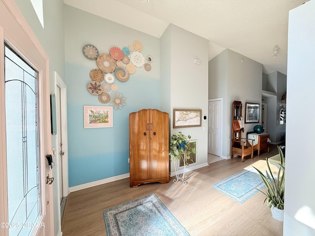 foyer with hardwood / wood-style floors and high vaulted ceiling