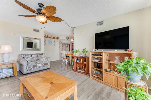 living area featuring visible vents, a textured ceiling, and wood finished floors