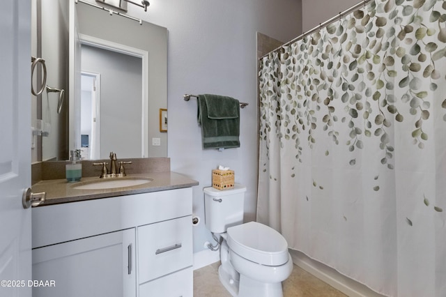 full bath featuring toilet, vanity, a shower with shower curtain, and tile patterned floors