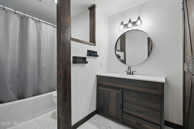 2950 Ragis Rd, Edgewater, FL 32132 - bathroom featuring marble look tile flooring, vanity, and shower / tub combo with curtain