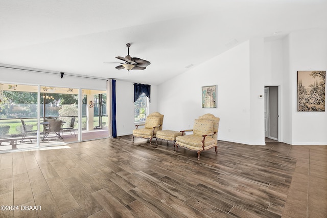 665 Elk River Dr, Ormond Beach, FL 32174 - sitting room featuring high vaulted ceiling, hardwood / wood-style floors, and ceiling fan