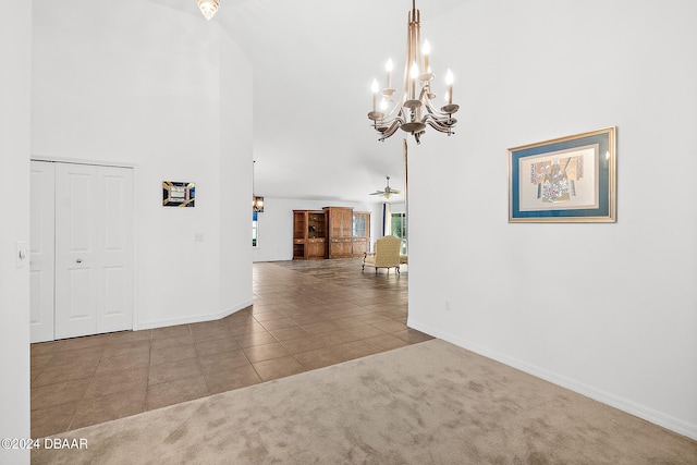 665 Elk River Dr, Ormond Beach, FL 32174 - interior space featuring ceiling fan, high vaulted ceiling, and carpet floors