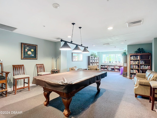 game room featuring light carpet and pool table