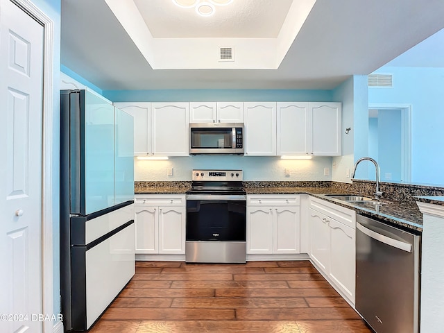 kitchen with white cabinetry, sink, dark hardwood / wood-style floors, and appliances with stainless steel finishes