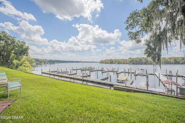 dock area featuring a water view and a yard