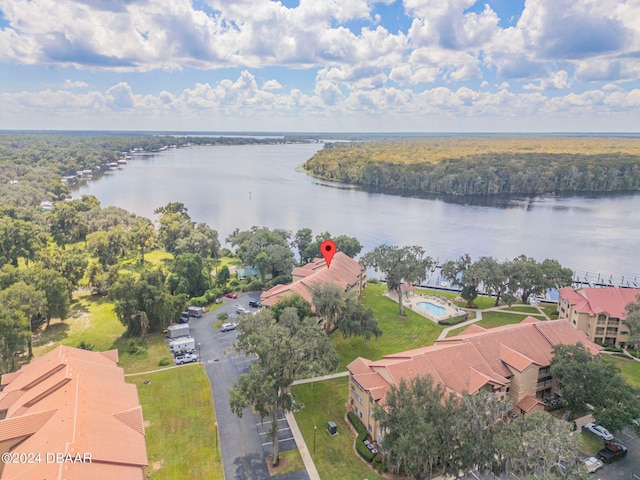 birds eye view of property featuring a water view