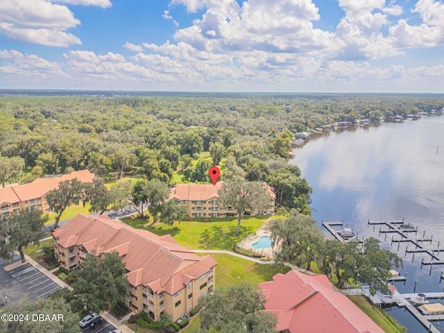 drone / aerial view with a water view