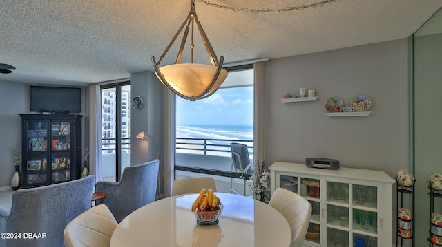 dining space featuring expansive windows, a wealth of natural light, and a textured ceiling