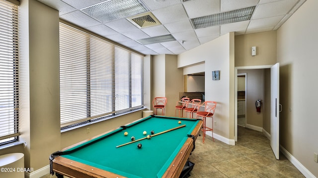 rec room with pool table and a drop ceiling