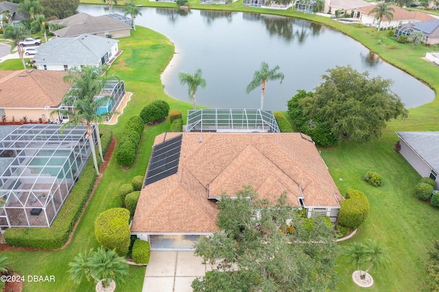 aerial view featuring a water view