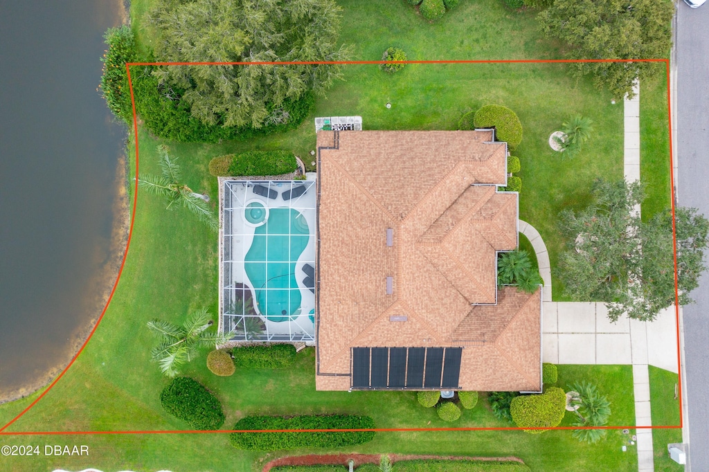 aerial view featuring a water view