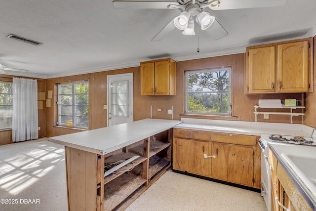 kitchen featuring wooden walls, a wealth of natural light, ceiling fan, and white gas stove