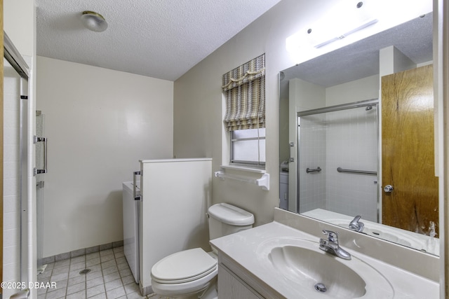 full bath with tile patterned flooring, toilet, vanity, a shower with shower door, and a textured ceiling