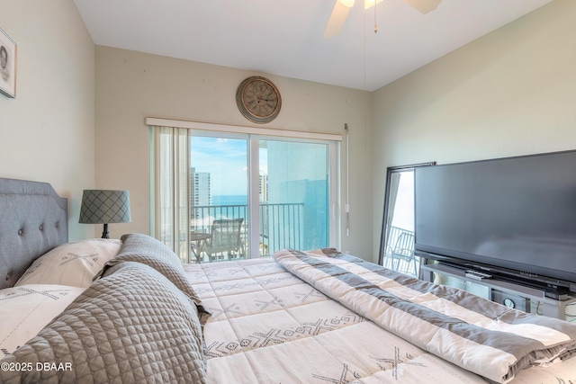 bedroom featuring access to outside and ceiling fan