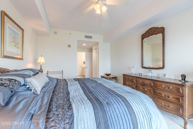 bedroom featuring a ceiling fan and visible vents