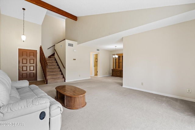 living room with light colored carpet, beam ceiling, a chandelier, and high vaulted ceiling