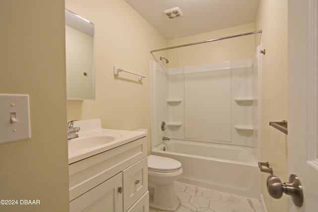 full bathroom with  shower combination, tile patterned flooring, toilet, and vanity