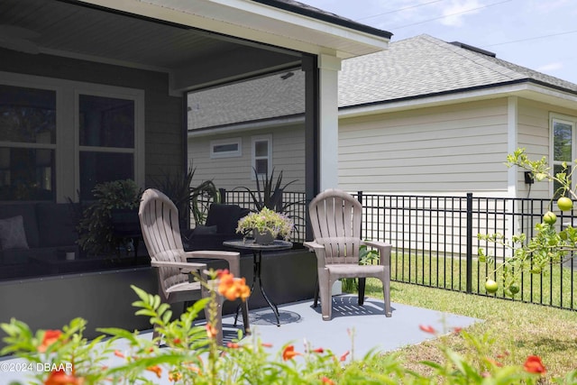 view of patio / terrace featuring an outdoor fire pit