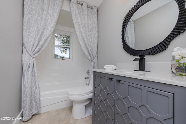 full bathroom with toilet, shower / tub combo, tile patterned floors, and vanity