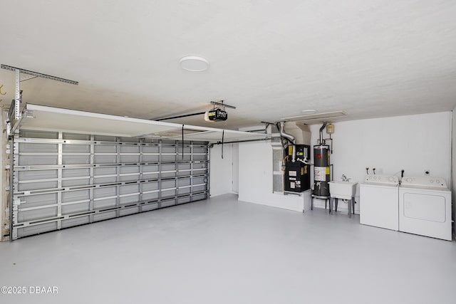 garage with water heater, a garage door opener, sink, independent washer and dryer, and heating unit