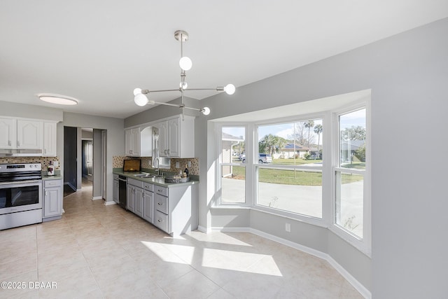 kitchen featuring stainless steel electric stove, dishwasher, white cabinetry, sink, and backsplash