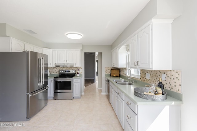 kitchen featuring white cabinets, appliances with stainless steel finishes, decorative backsplash, sink, and light tile patterned floors