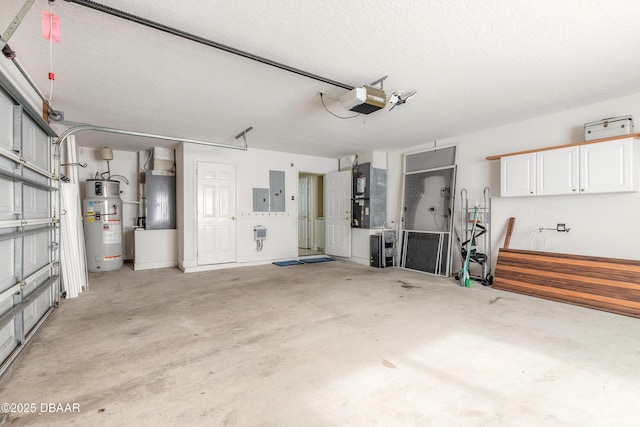 garage with electric panel, heating unit, a garage door opener, and water heater