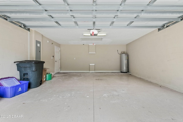 garage with a garage door opener, electric water heater, and electric panel