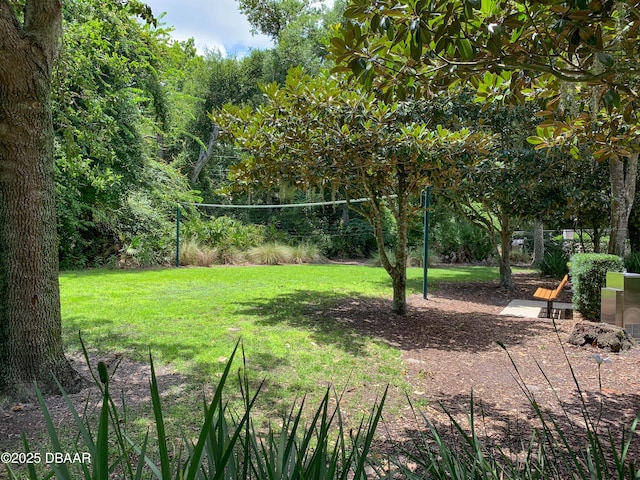 view of property's community with volleyball court and a yard